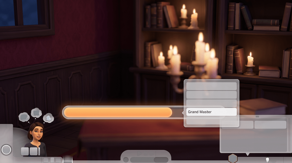 A nearly full rank bar in a candlelit gothic room with a context menu open beside it reading Grand Master