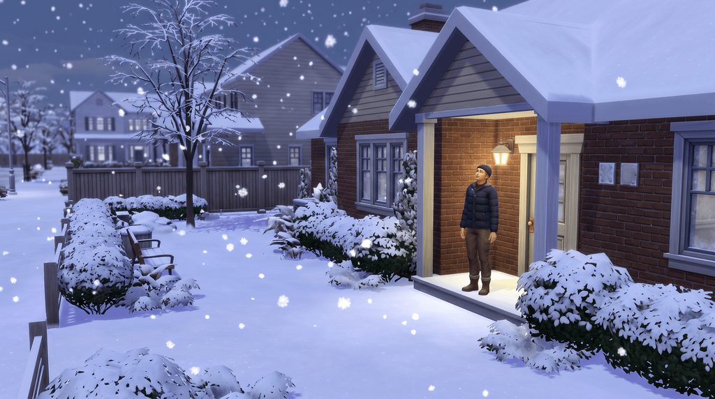 A suburban garden under heavy snowfall, drifts on the lawn and roof, a Sim in a coat under the porch light