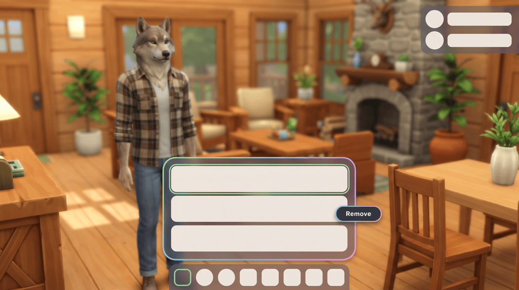 A wolf-headed Sim in a cabin behind a panel of three blank trait rows with a Remove option open